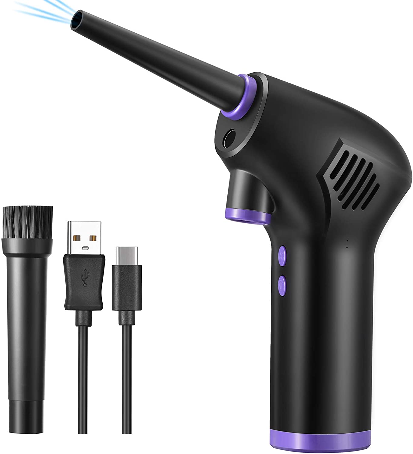 Soffiatore d’aria senza fili con ugello lungo, spazzola e cavi USB-A/USB-C; nero con dettagli viola.