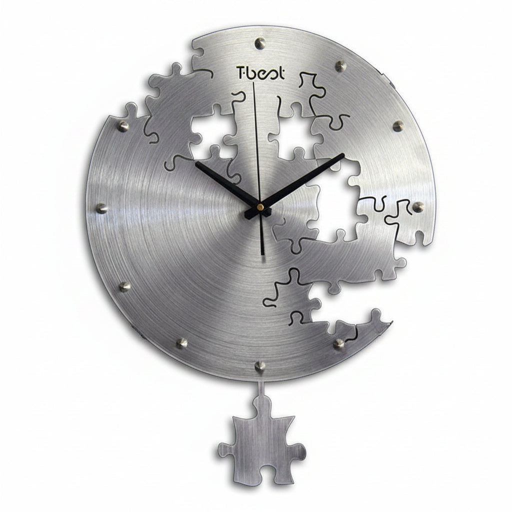 Orologio da parete circolare in metallo spazzolato da 16 pollici con motivo puzzle e pendente a pezzo di puzzle, silenzioso