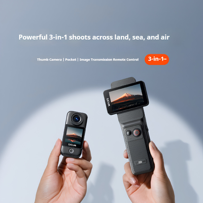 C400 4K action camera tascabile nera per sport all'aperto, display integrato; batteria da 3 o 7 ore.