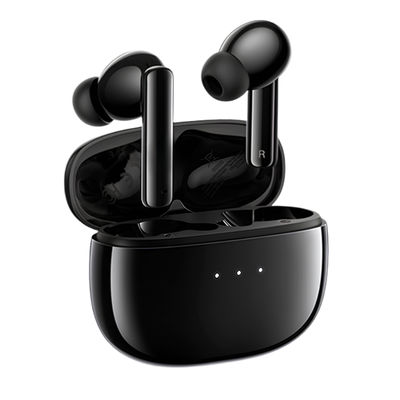 Auricolari Bluetooth con cancellazione attiva del rumore nella custodia nera, immagine principale.