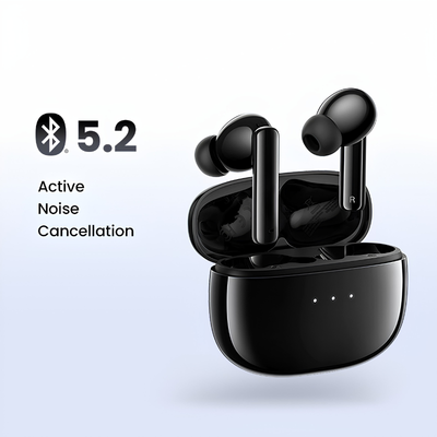 Auricolari Bluetooth con cancellazione attiva del rumore nella custodia nera, Bluetooth 5.2