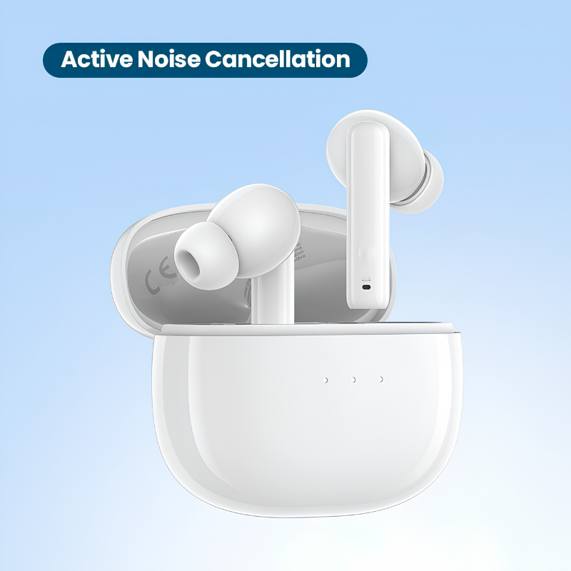 Auricolari Bluetooth con cancellazione attiva del rumore, bianco, custodia bianca in plastica.