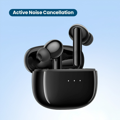 Auricolari Bluetooth con cancellazione attiva del rumore e custodia nera.