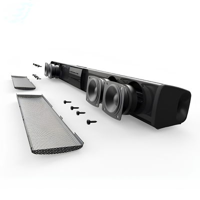 Soundbar TV da 20W smontata: quattro altoparlanti, griglia e viti in primo piano