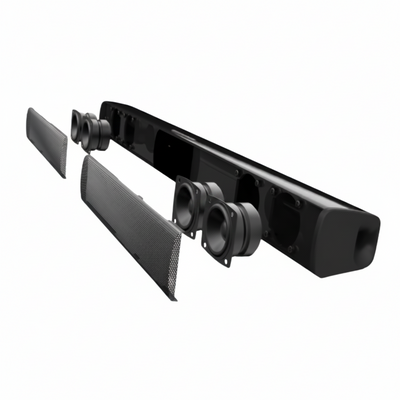 Soundbar TV Bluetooth 20W vista esplosa: unità centrale con driver e griglie