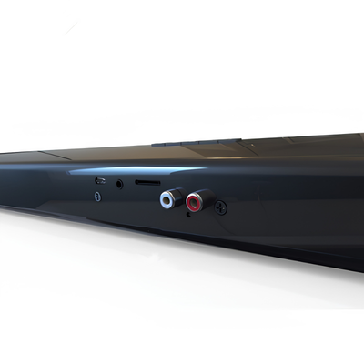 Soundbar nera per TV/PC con uscite RCA bianche e rosse sul retro, design sottile.