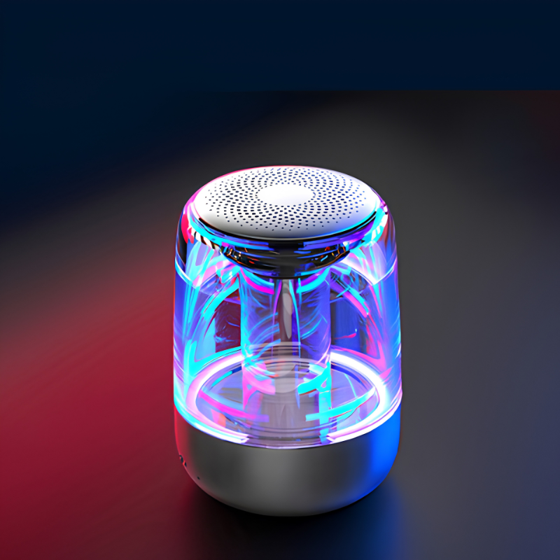 Altoparlante Bluetooth portatile con LED a colori variabili e suono potente, corpo trasparente.