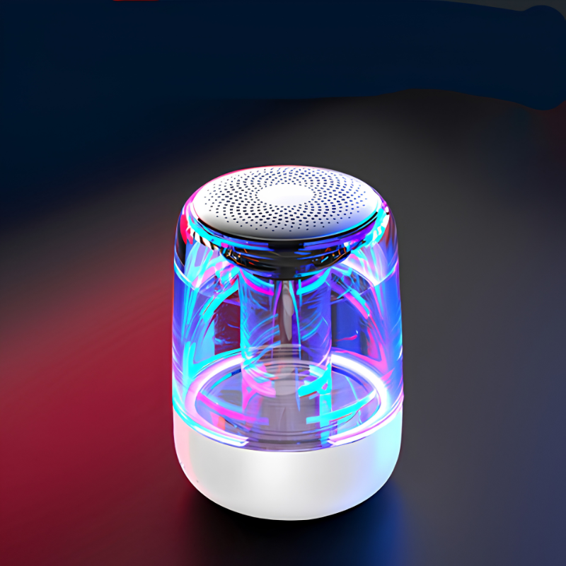 Altoparlante Bluetooth portatile con luci LED colorate, corpo cilindrico e basso potente