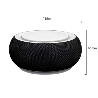 Altoparlante Bluetooth wireless con due diffusori e subwoofer, corpo rotondo nero.
