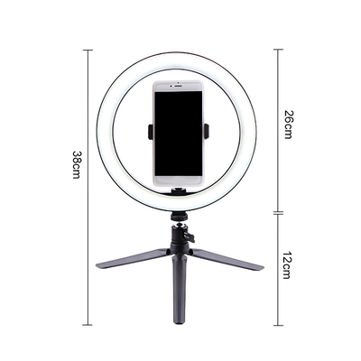Ring light LED da 26 cm con telefono al centro e supporto su treppiede, dimensione totale 38cm, diametro anello LED 26cm.