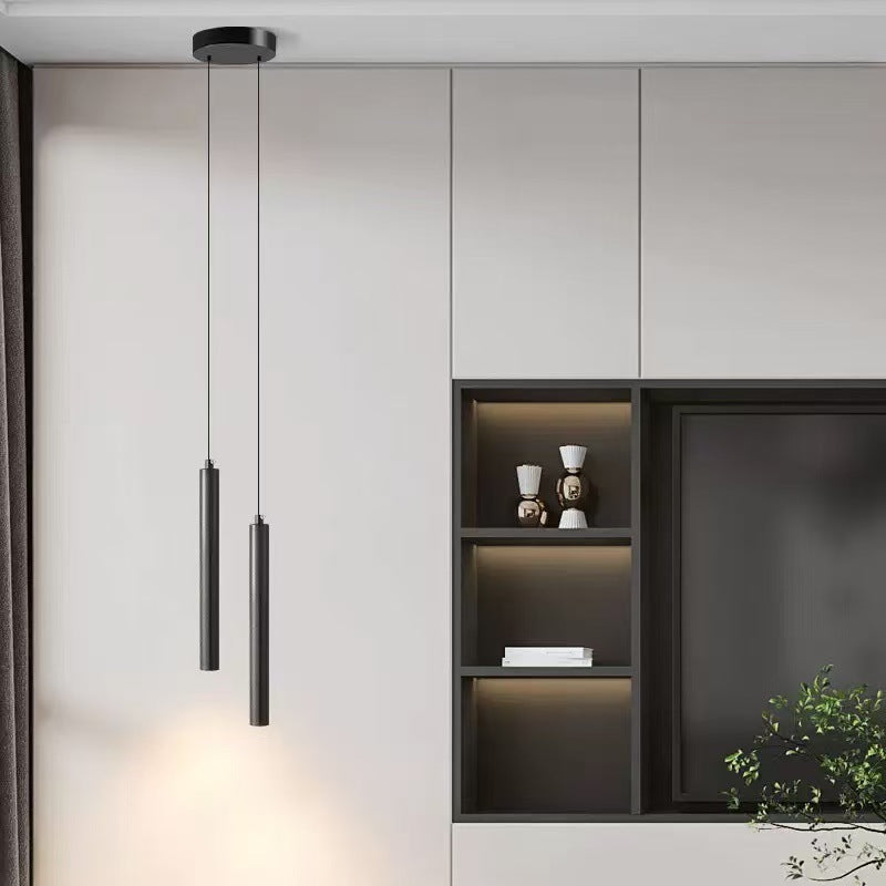Lampadario a sospensione lineare cilindrico LED, due teste, stile moderno minimalista, ideale per camera da letto.