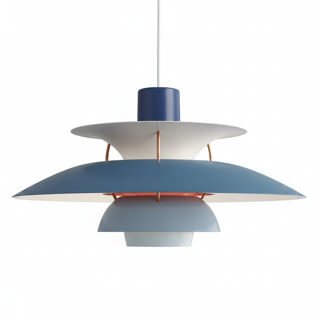 Lampada sospesa in alluminio con dischi blu, bianco e rame; moderno complemento per soggiorno, camera o pranzo.