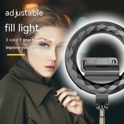 Anello LED di riempimento Bluetooth 5.2 per selfie con treppiede, colore nero, in lega di alluminio.