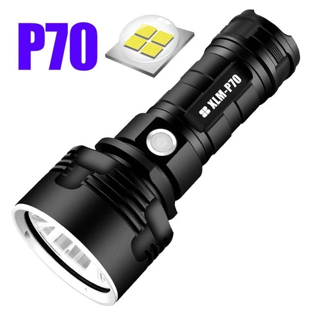 Torcia LED ricaricabile in lega di alluminio, 20W, LED P70, per campeggio, escursioni e attività all'aperto.