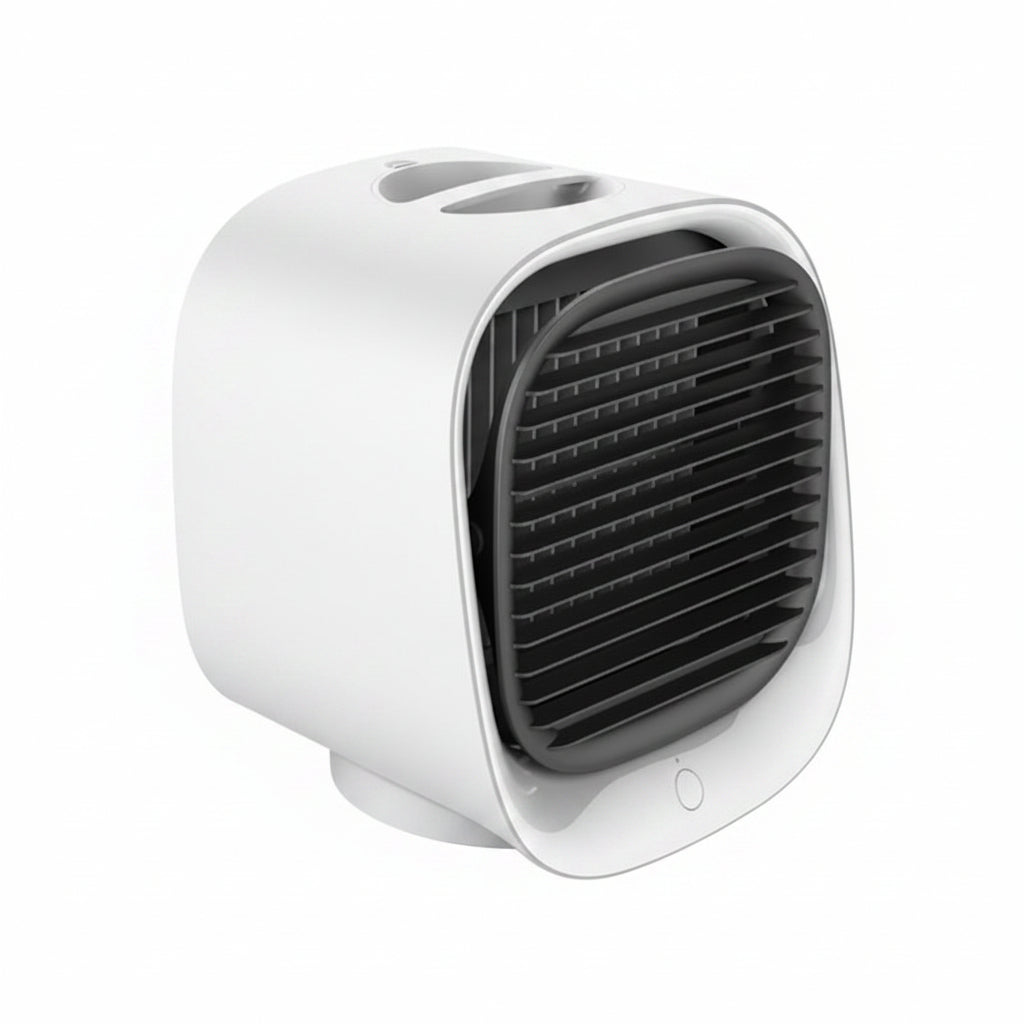 Mini condizionatore d'aria da tavolo con griglia nera frontale e luce notturna LED, design portatile USB.