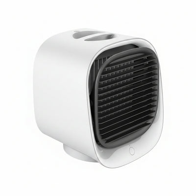 Mini condizionatore d'aria da tavolo con griglia nera frontale e luce notturna LED, design portatile USB.