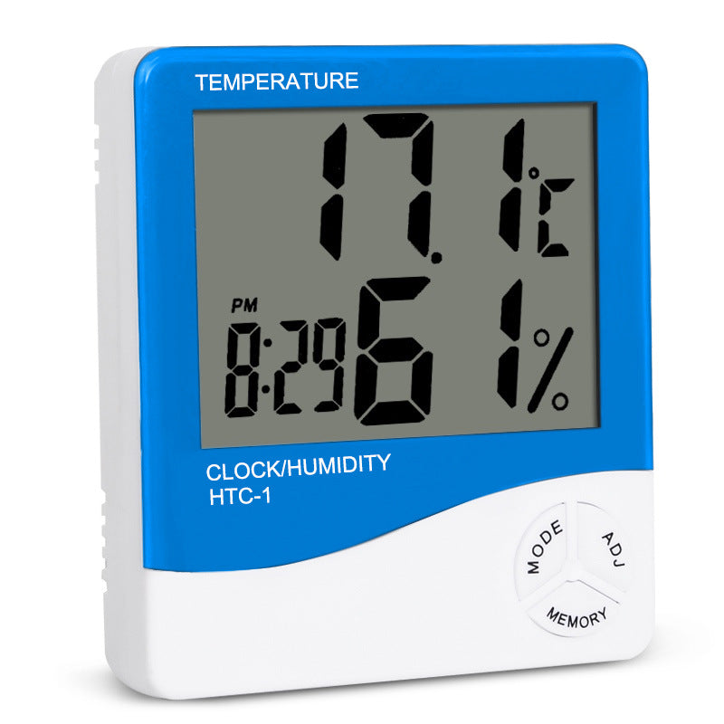 Stazione meteo LCD HTC-1/HTC-2: display temperatura/umidità, orologio 12/24h, allarme, calendario, memoria