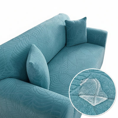 Copertura elastica per divano blu-verde, motivo foglie, poliestere, per divani singoli o doppi
