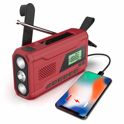 Radio d'emergenza outdoor WR-6A con manovella, luci ad alta luminosità, display LCD e altoparlante integrato.