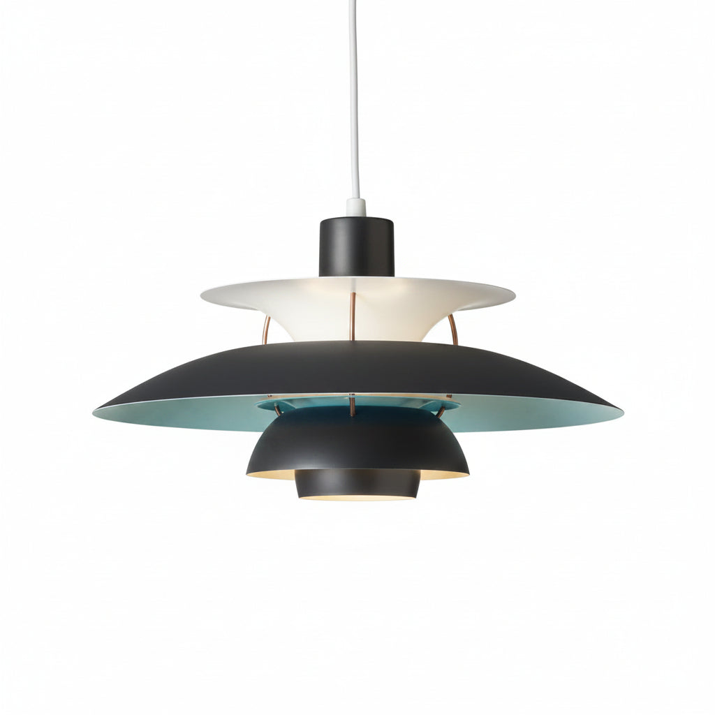 Lampada sospesa in alluminio con dischi sovrapposti nero-bianco-turchese, per soggiorno e camera, luce bianca calda.