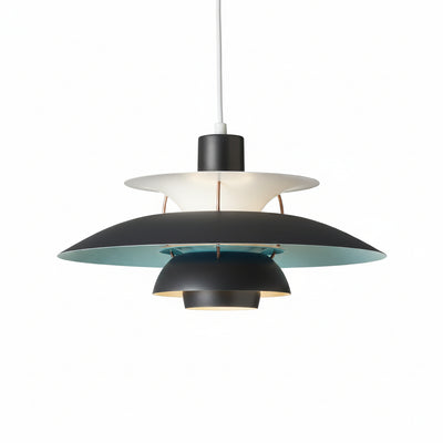 Lampada sospesa in alluminio con dischi sovrapposti nero-bianco-turchese, per soggiorno e camera, luce bianca calda.