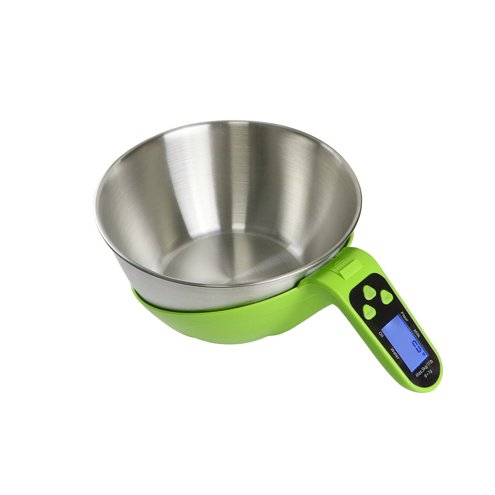 Bilancia elettronica da cucina aggiornata con ciotola in acciaio inox 304 e corpo verde, alimentazione 2xAAA incluse.
