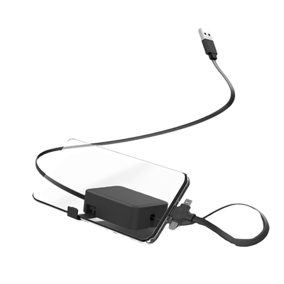 Cavo retrattile USB 4 in 1 con supporto per telefono e connettori Lightning, USB-C e Micro USB, scatola di conservazione