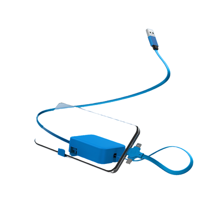 Cavo retrattile 4 in 1 USB-C/Micro/Lightning blu con supporto per telefono e scatola di contenimento.