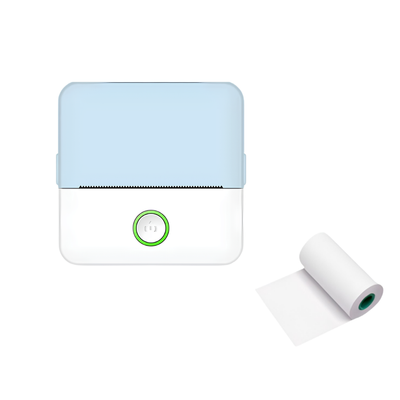 Stampante termica portatile con coperchio azzurro chiaro, corpo bianco e pulsante circolare verde luminoso
