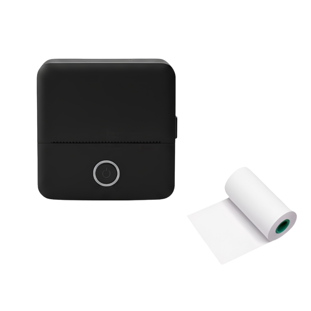 Stampante termica portatile nera con pulsante di accensione circolare, dimensioni 82×82×45 mm.