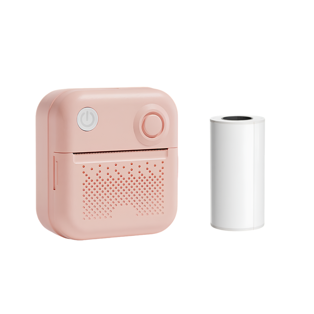 Stampante termica portatile rosa, 82x40 mm, 200 dpi su carta 57x30 mm, 5V/1A, Bluetooth e USB, batteria 1200 mAh.