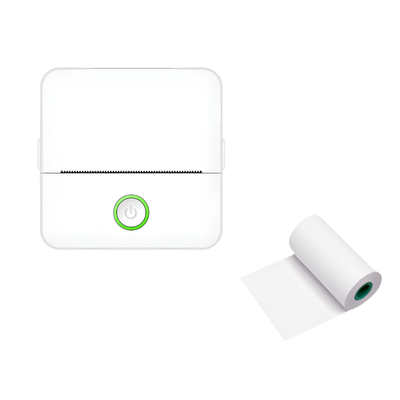 Stampante termica portatile bianco/rosa, pulsante verde, 82×82×45mm, batteria 800mAh; stampa foto.