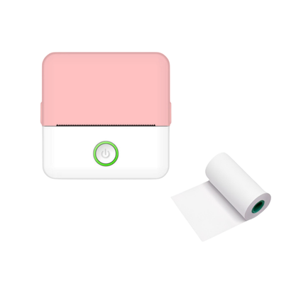 Stampante termica portatile bianco-rosa con pulsante verde, compatta 82x82x45mm, batteria 800mAh