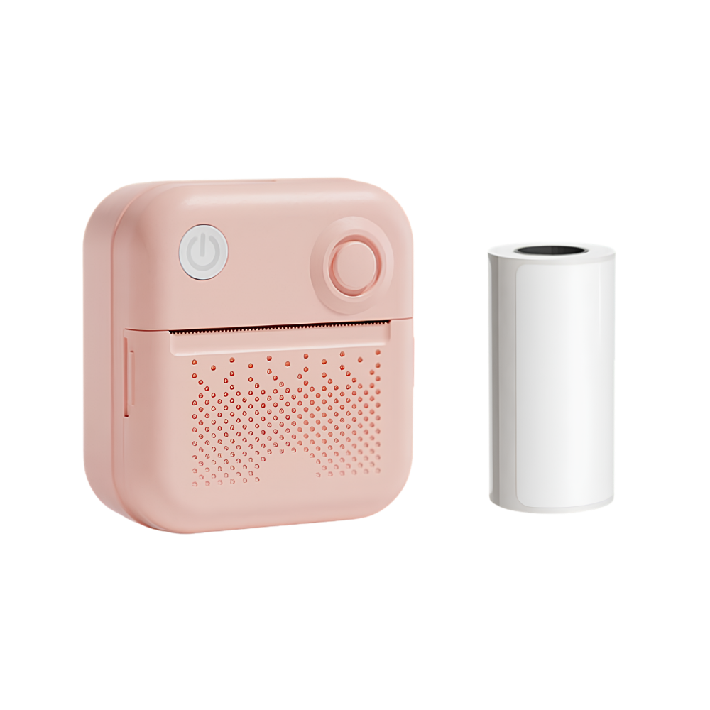 Mini stampante etichette tascabile rosa, stampa termica 200dpi, Bluetooth, USB, batteria 1200mAh, carta 57x30mm