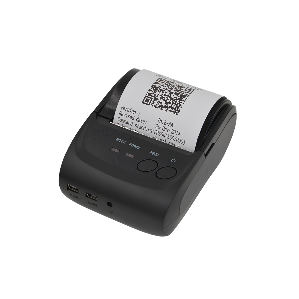 Stampante termica portatile Bluetooth con USB e RS-232, alimentazione tramite caricatore auto o batteria ricaricabile.