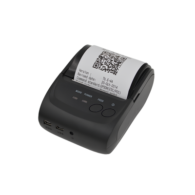 Stampante termica portatile Bluetooth con USB e RS-232, alimentazione tramite caricatore auto o batteria ricaricabile.