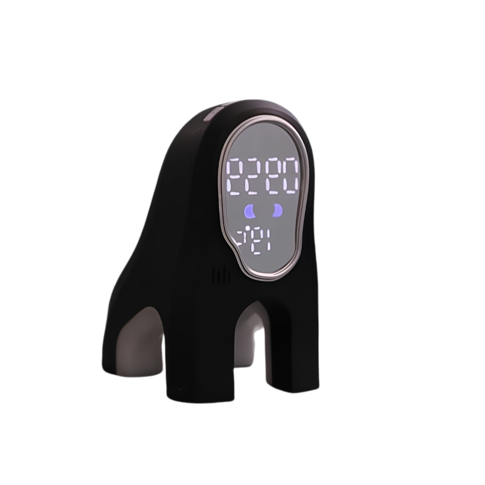 Orologio da tavolo nero a forma di animale cartoon con display digitale viola, sveglia snooze e luce notturna, ricaricabile.