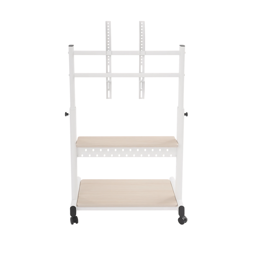 Supporto TV mobile con ruote, telaio in acciaio bianco e mensole in legno, altezza regolabile, capacità 100 kg.