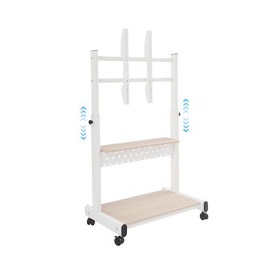 Supporto TV mobile in acciaio bianco, altezza regolabile 108.5–128.5 cm, portata 100 kg, ruote, mensole legno