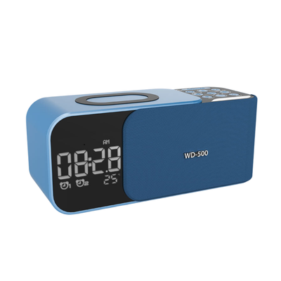 Sveglia LED con ricarica wireless, radio FM e Bluetooth, display digitale, temperatura, altoparlanti e microfono.