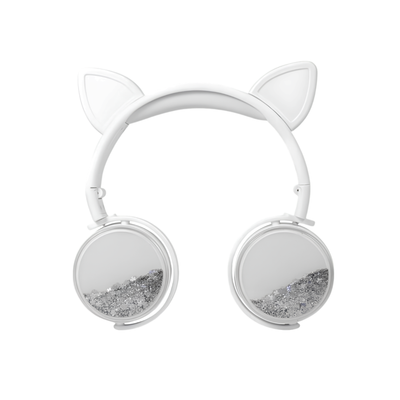 Cuffie da donna bianche over-ear con orecchie da gatto e coppe glitter argentate, cablate