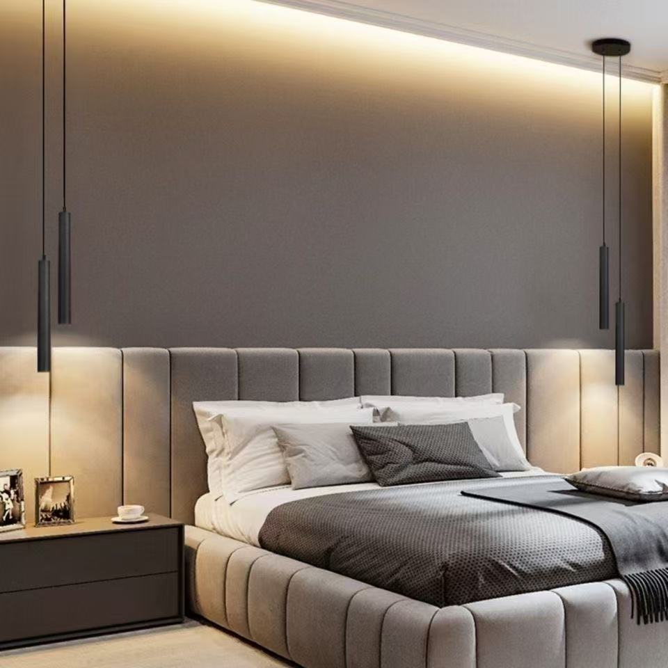 Luci sospese lineari cilindriche a LED, stile moderno, per camera da letto; due pendenti lungo la testiera