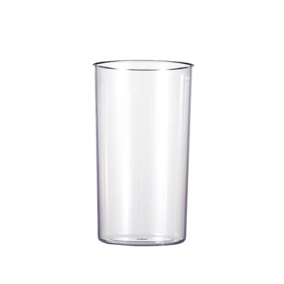 Contenitore trasparente in plastica per frullatore, cilindrico e graduato.