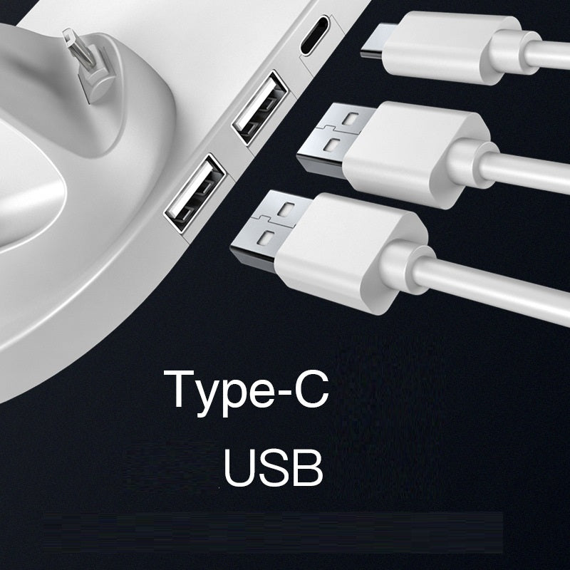 Dock di ricarica wireless 6 in 1 per smartphone, ricarica rapida, USB Type-C e USB-A, dimensioni 23×9 cm.