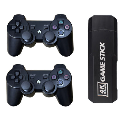 Due controller ricaricabili per console TV domestica, inclusi cavi USB/HDMI e manuale, stile retrò