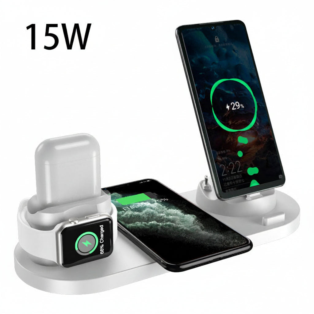 Dock di ricarica wireless 6 in 1: ricarica rapida 10W per smartphone e orologio su base bianca con supporti multipli.