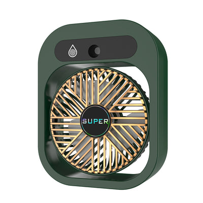 Ventilatore nebulizzatore USB verde con griglia dorata, umidificatore 2 in 1 a 3 velocità per rinfrescare e idratare l'ambiente.