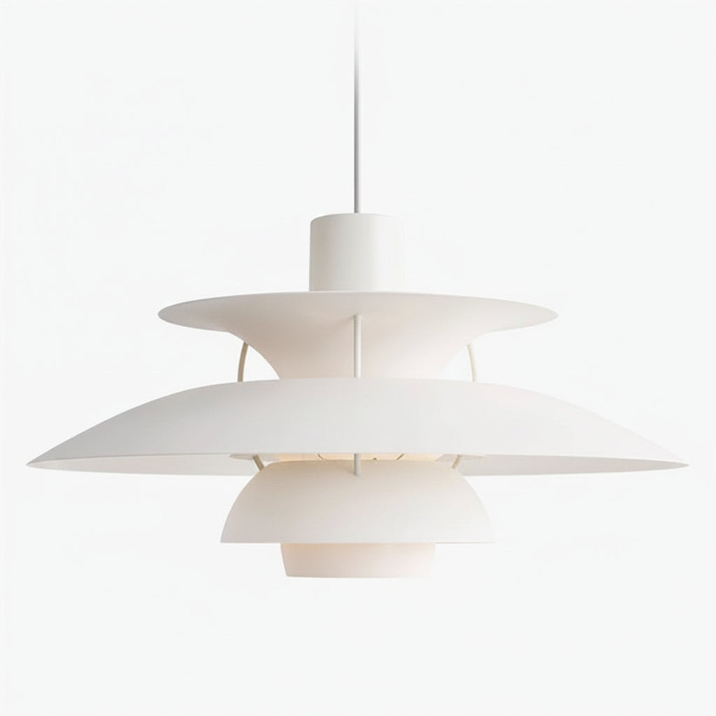 Lampada sospesa in alluminio bianco con dischi sovrapposti, progettata per soggiorno, camera da letto o sala da pranzo.