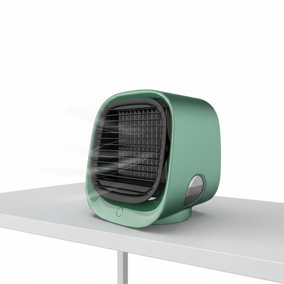 Ventola raffreddatrice mini da tavolo con luce notturna LED, USB, tre velocità e angolo d’aria regolabile.
