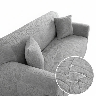 Copertura elastica per divano, slipcover integrale, motivo a foglie, grigio chiaro, poliestere, per divani 90-140 cm.